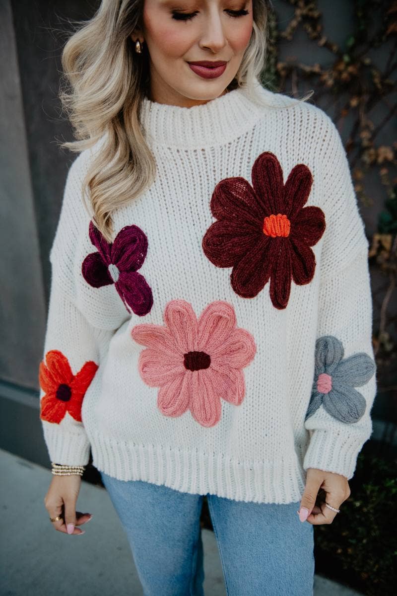 White Floral Wholesale Warm Fall Stitched Sweater