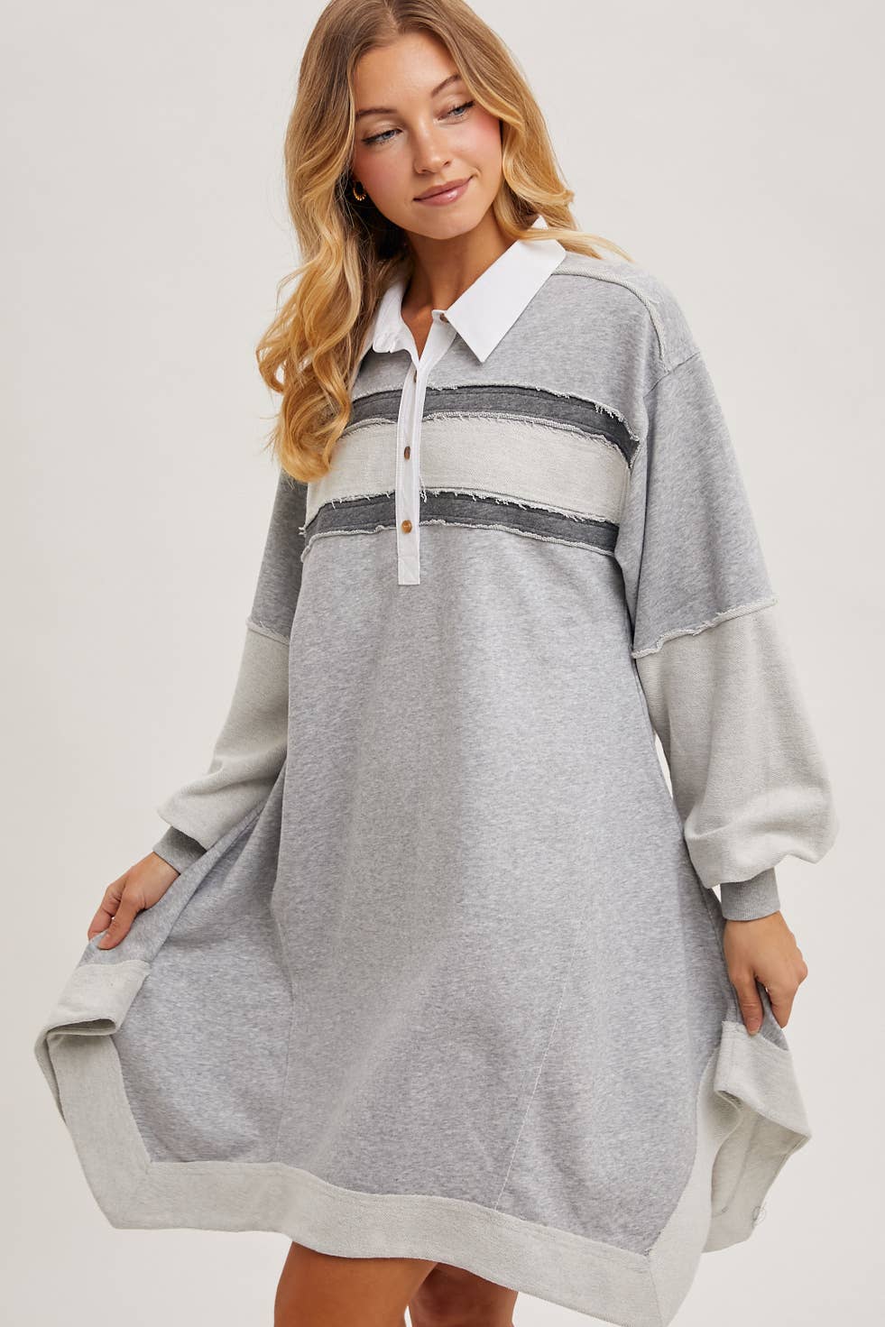 RAW-EDGE CONTRAST SLOUCHY POLO DRESS