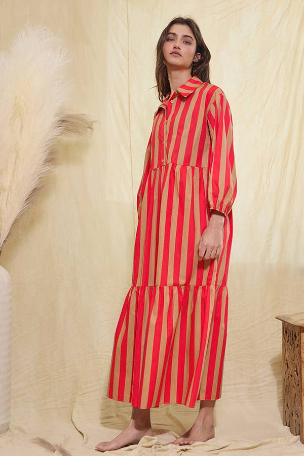 Striped Print Tiered Midi Shirt Dress