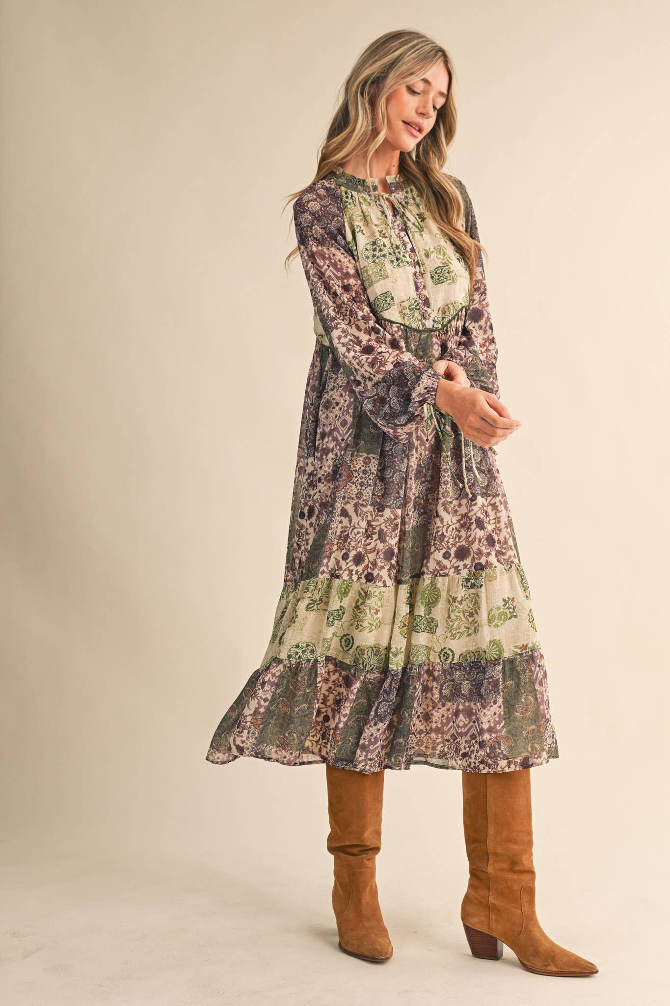 PATCHWORK PRINT MIDI DRESS