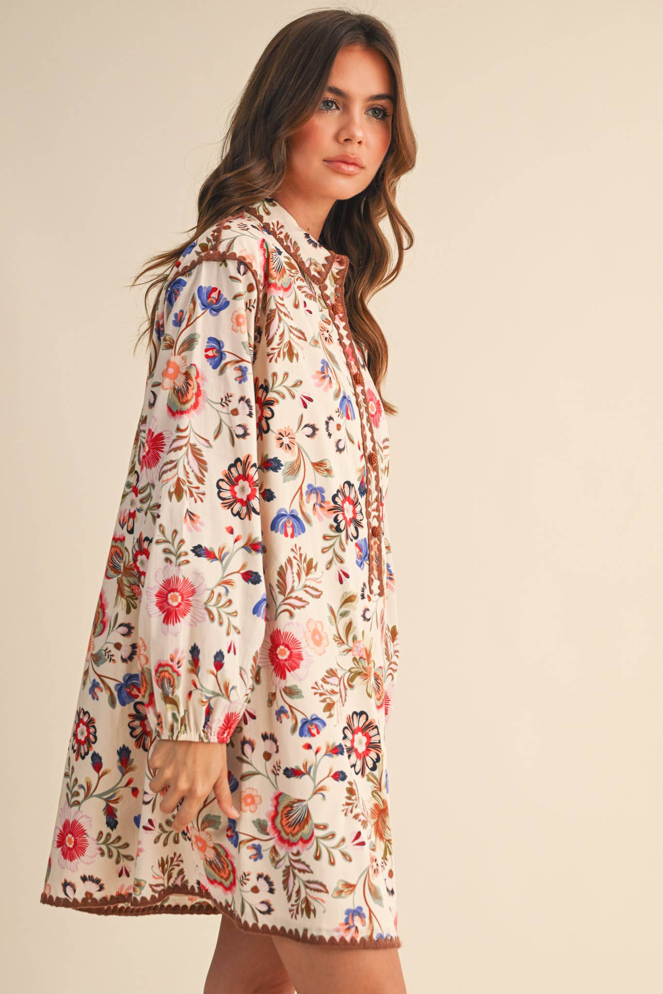EXCLUSIVE PRINT BLANKET STITCH BUTTONED MINI DRESS