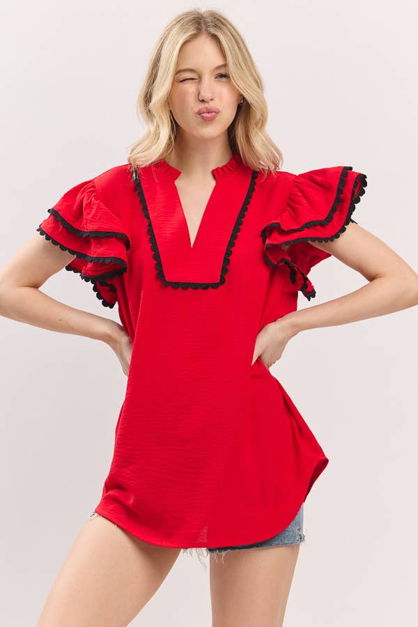 Ruffle Sleeve Scallop Trim Top