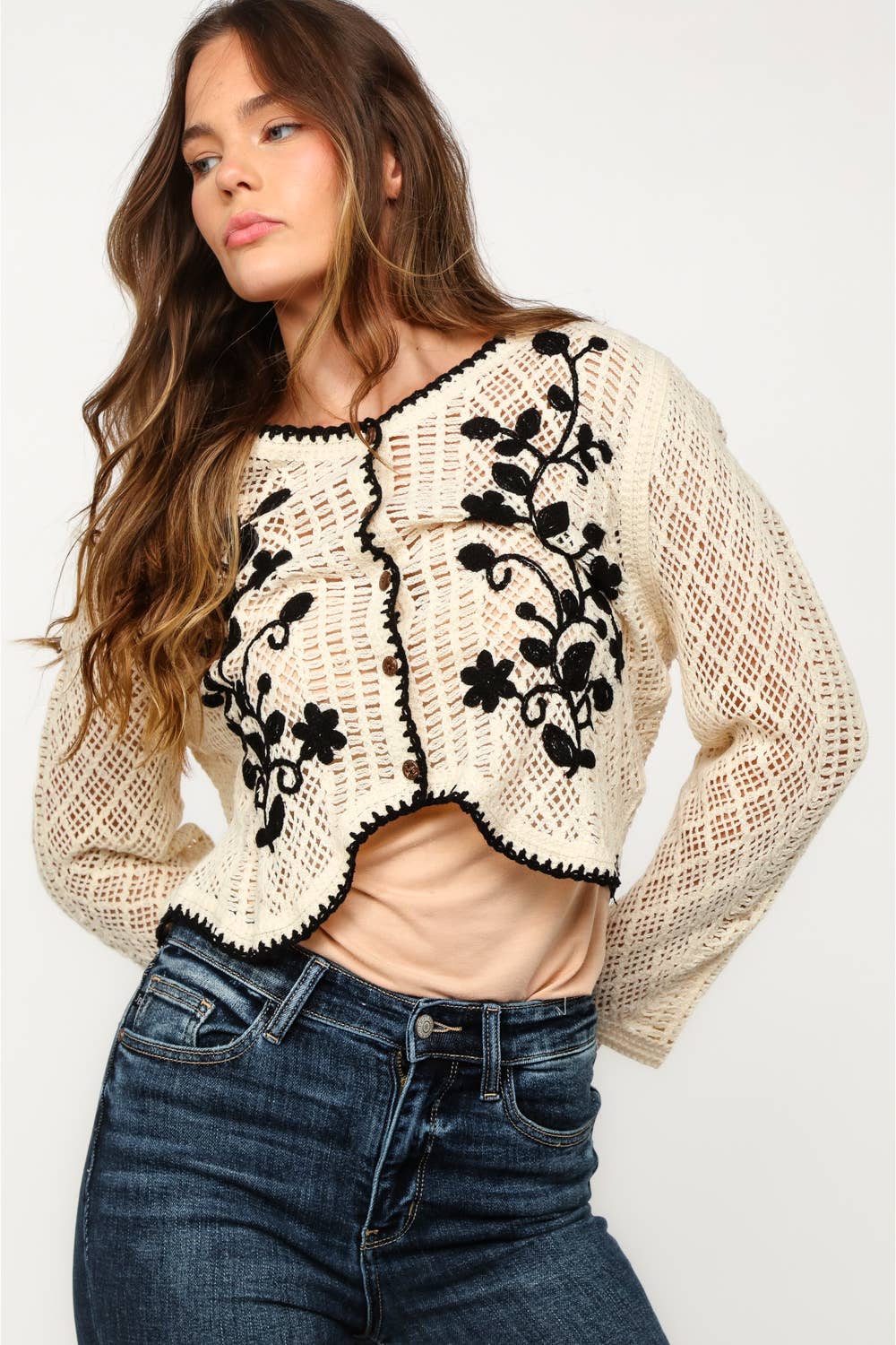BUTTON DOWN FLORAL EMOBROIDERY CROCHET CARDIGAN