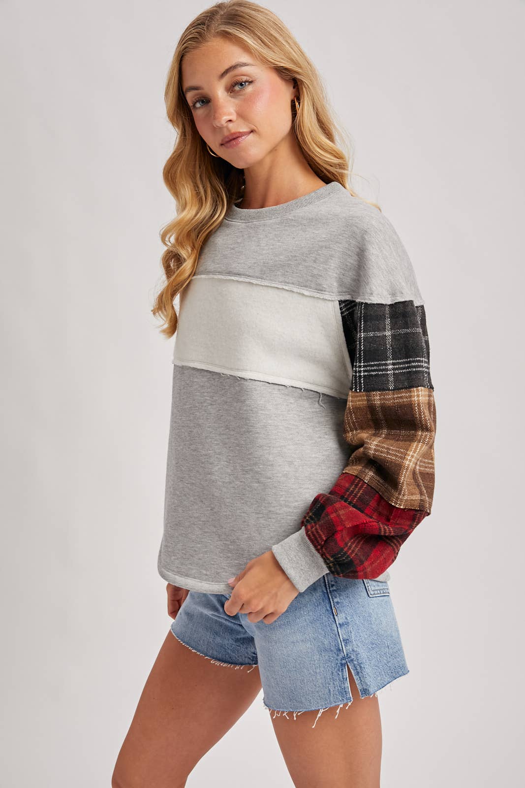 COLOR BLOCK PLAID FLANNEL PATCHED SWEATER