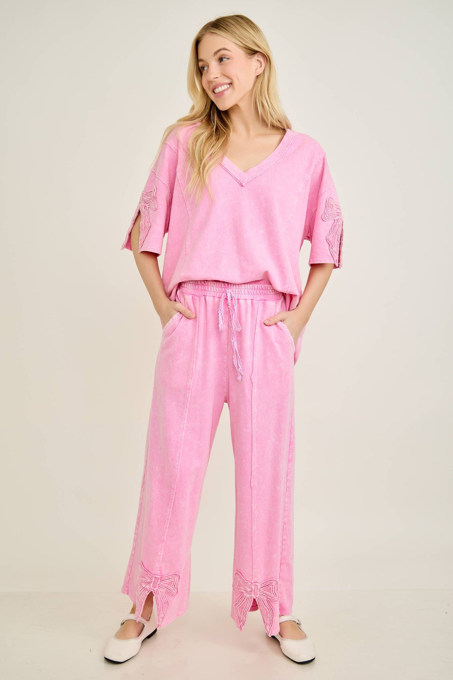 Mineral Washed Cute Bow Trim Blouse