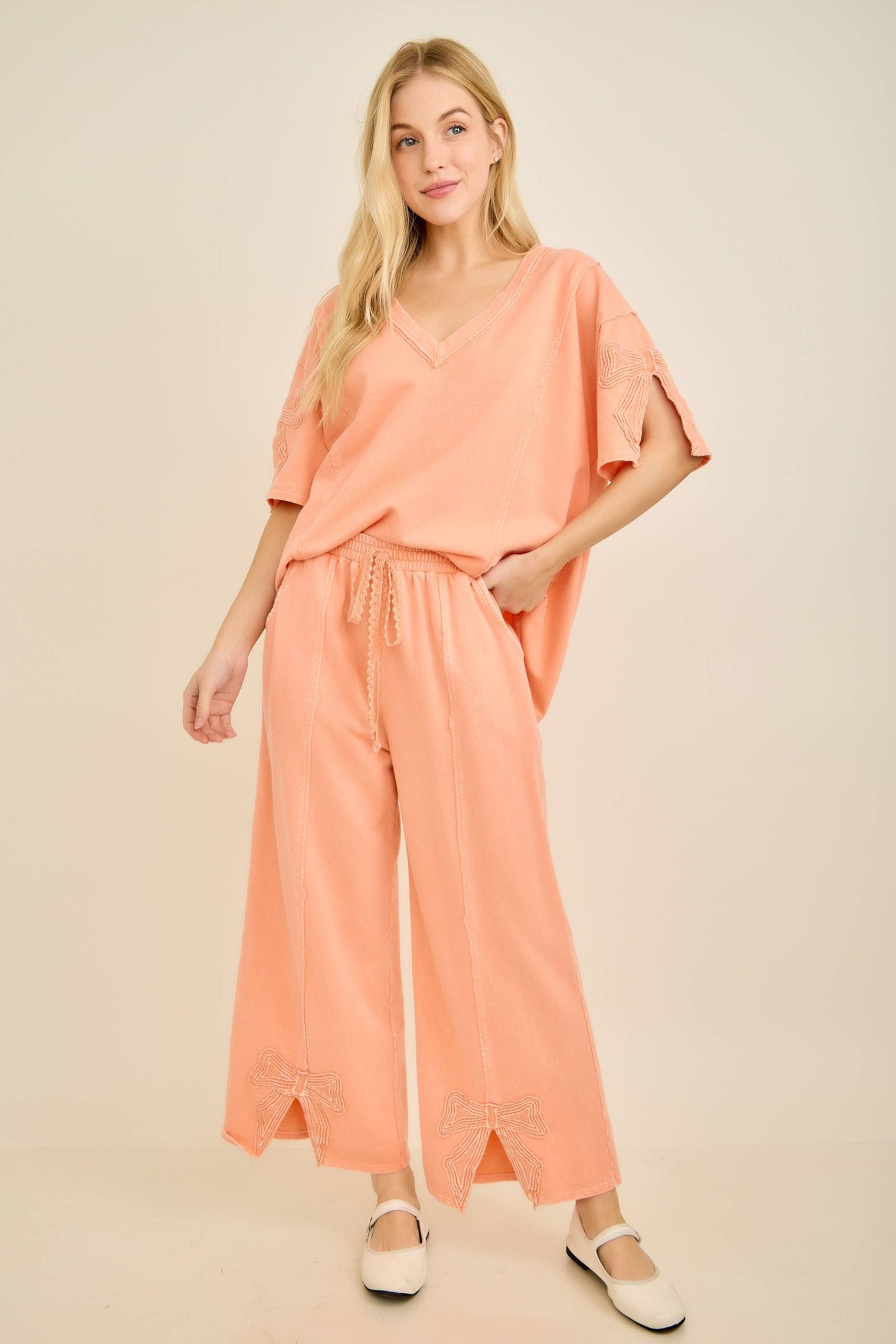 Mineral Washed Cute Bow trim Slit Pants
