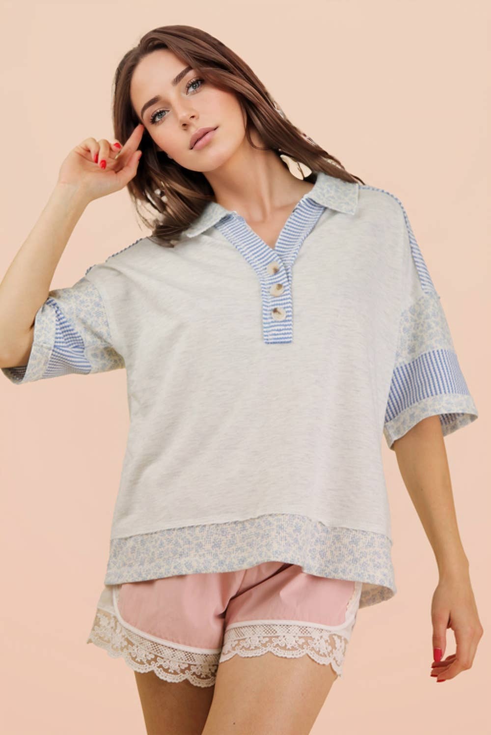 Oversized Half Button Down Collared Knit Top