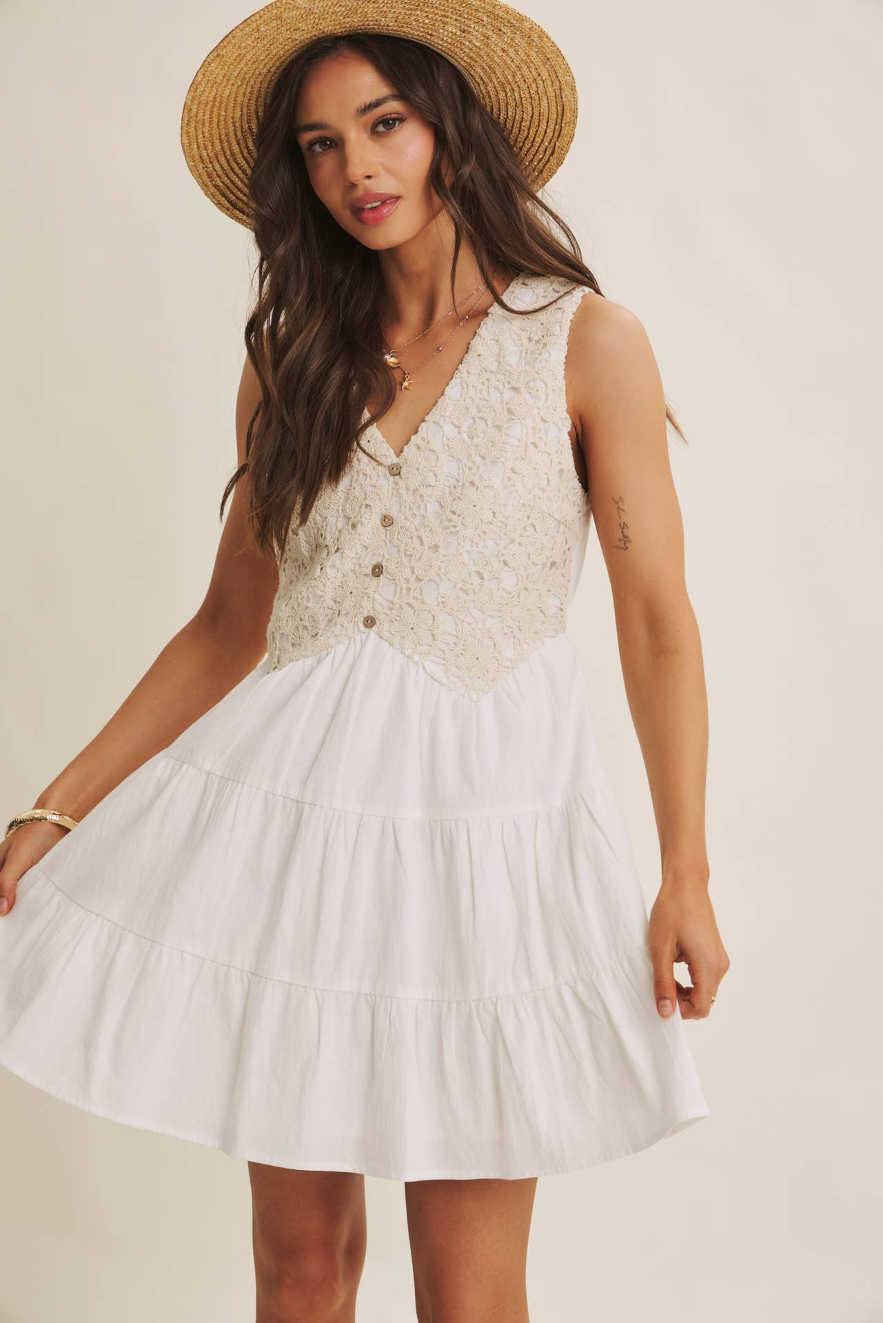 FRENCH PICNIC CROCHET MINI DRESS