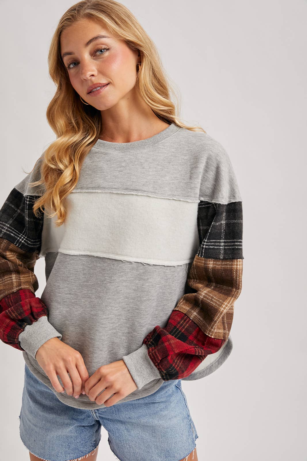 COLOR BLOCK PLAID FLANNEL PATCHED SWEATER
