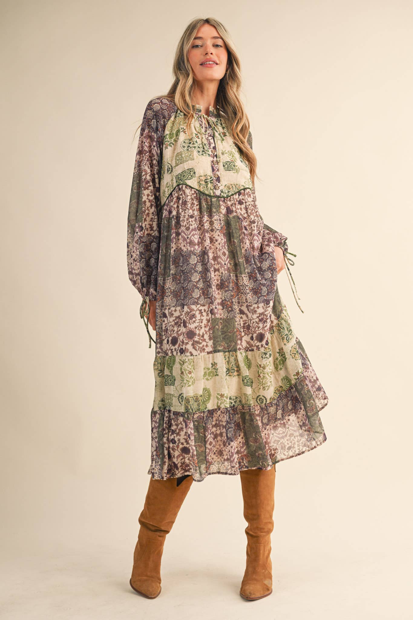 PATCHWORK PRINT MIDI DRESS