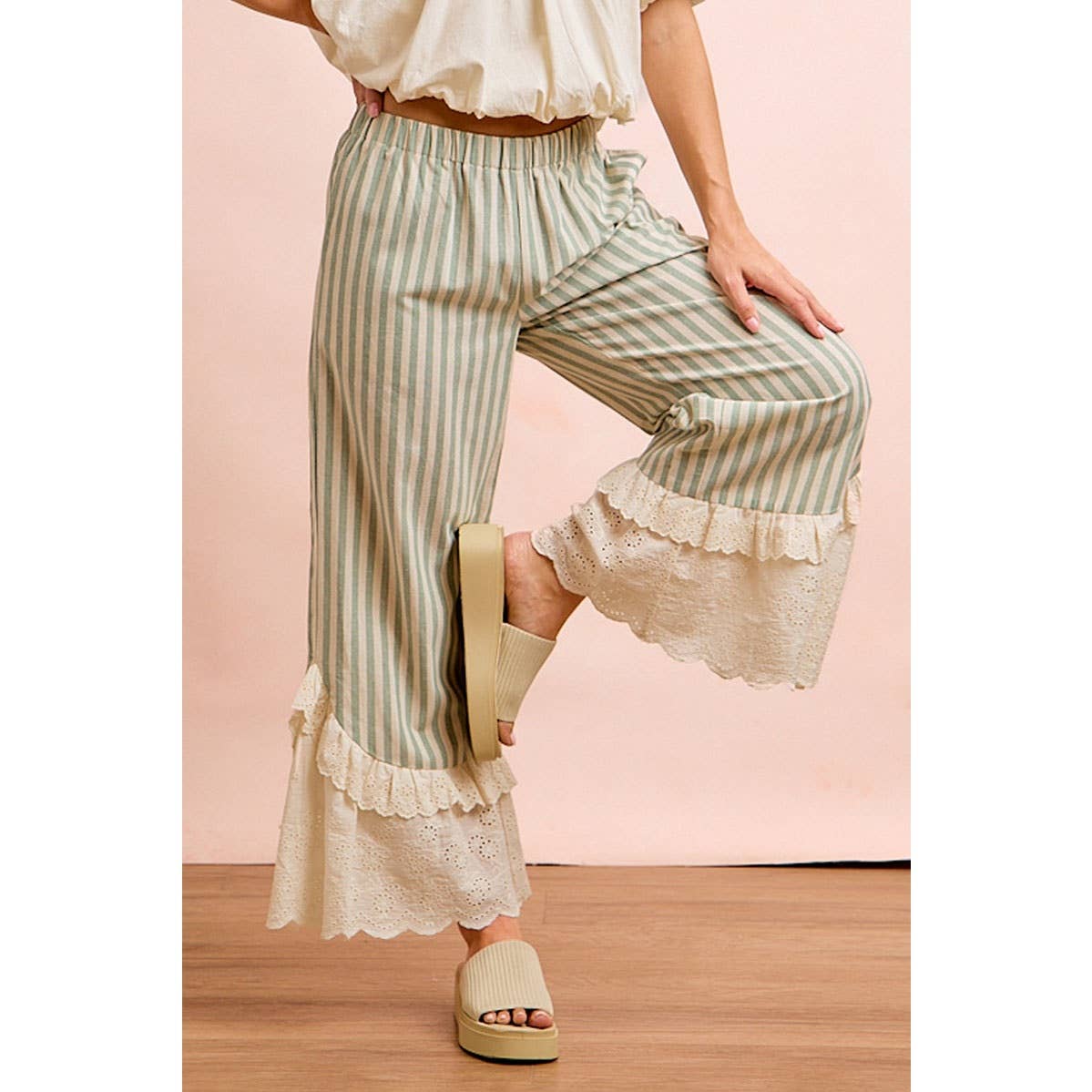 STRIPE WOVEN RUFFLED LACE HEM PANTS WITH SIDE POCKET