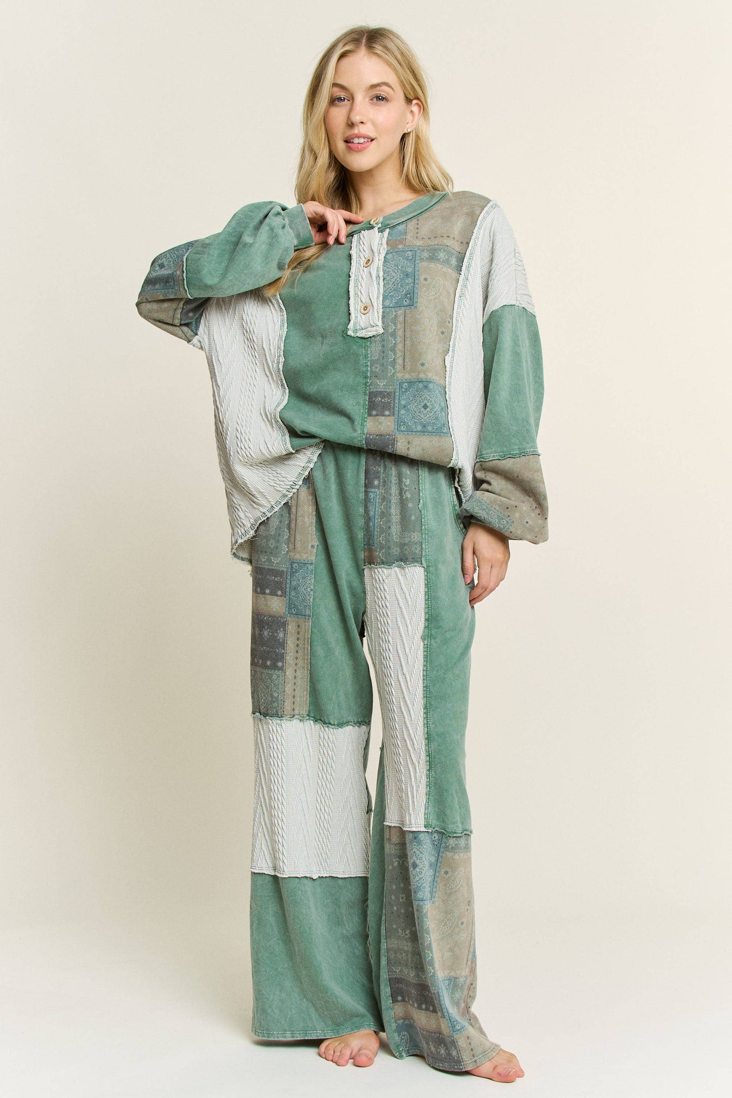 Mineral Washed Bandana Patchwork  Sweater Top