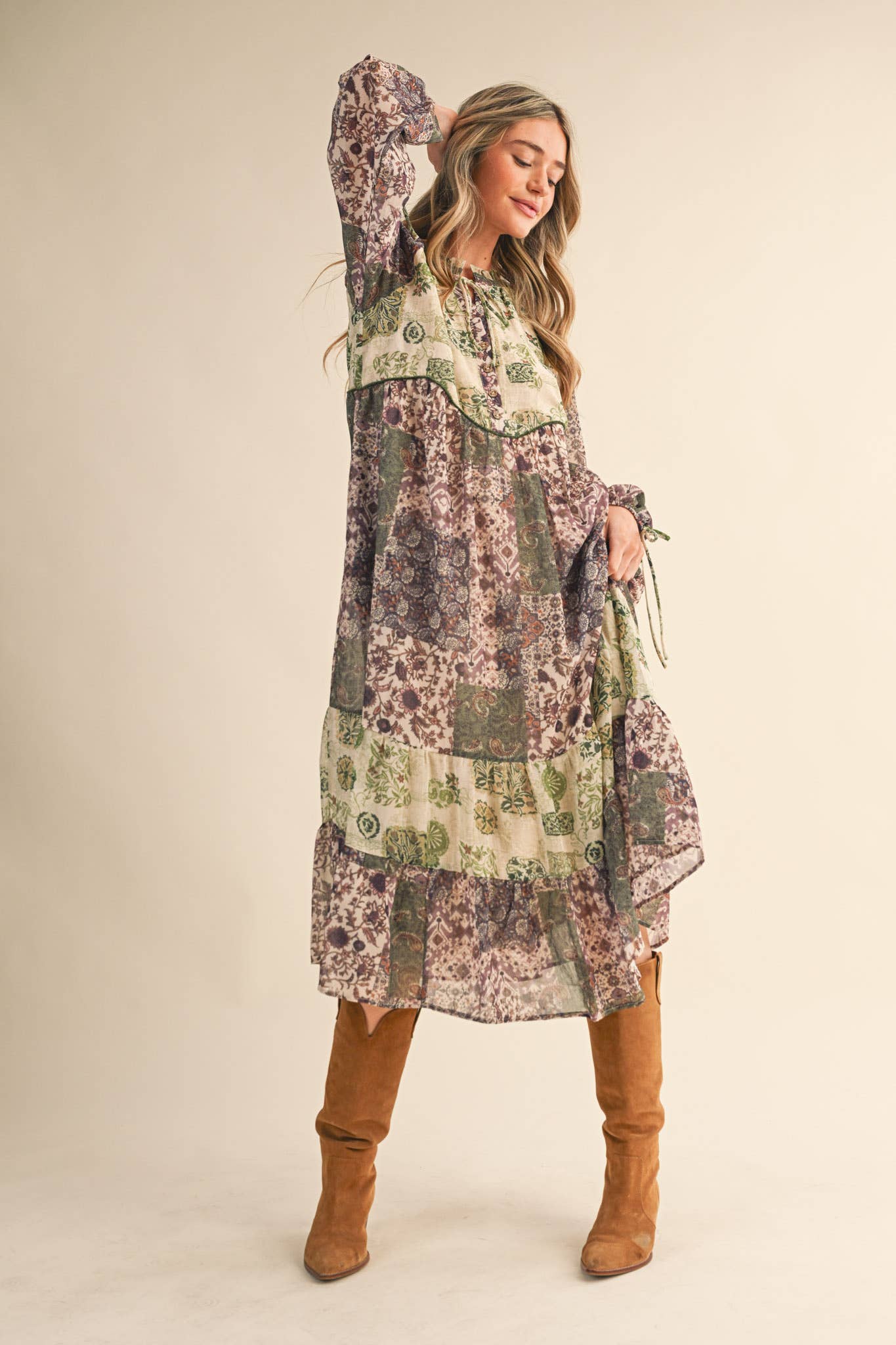 PATCHWORK PRINT MIDI DRESS