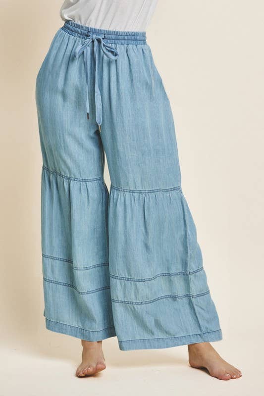 Plus Washed Denim Tiered Wide Leg Pants