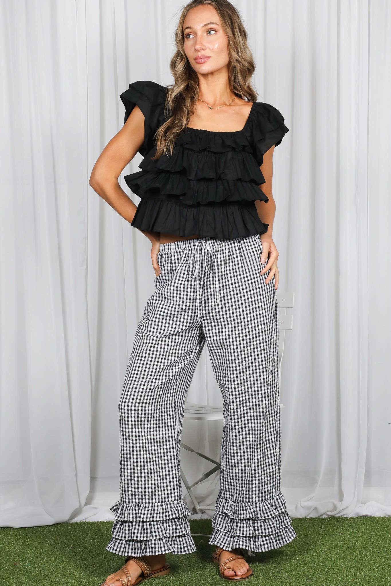 Gingham Layered Ruffle Pants