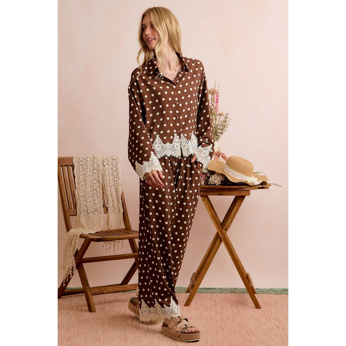 POLKA DOT WOVEN CROCHET LACE PANTS SET