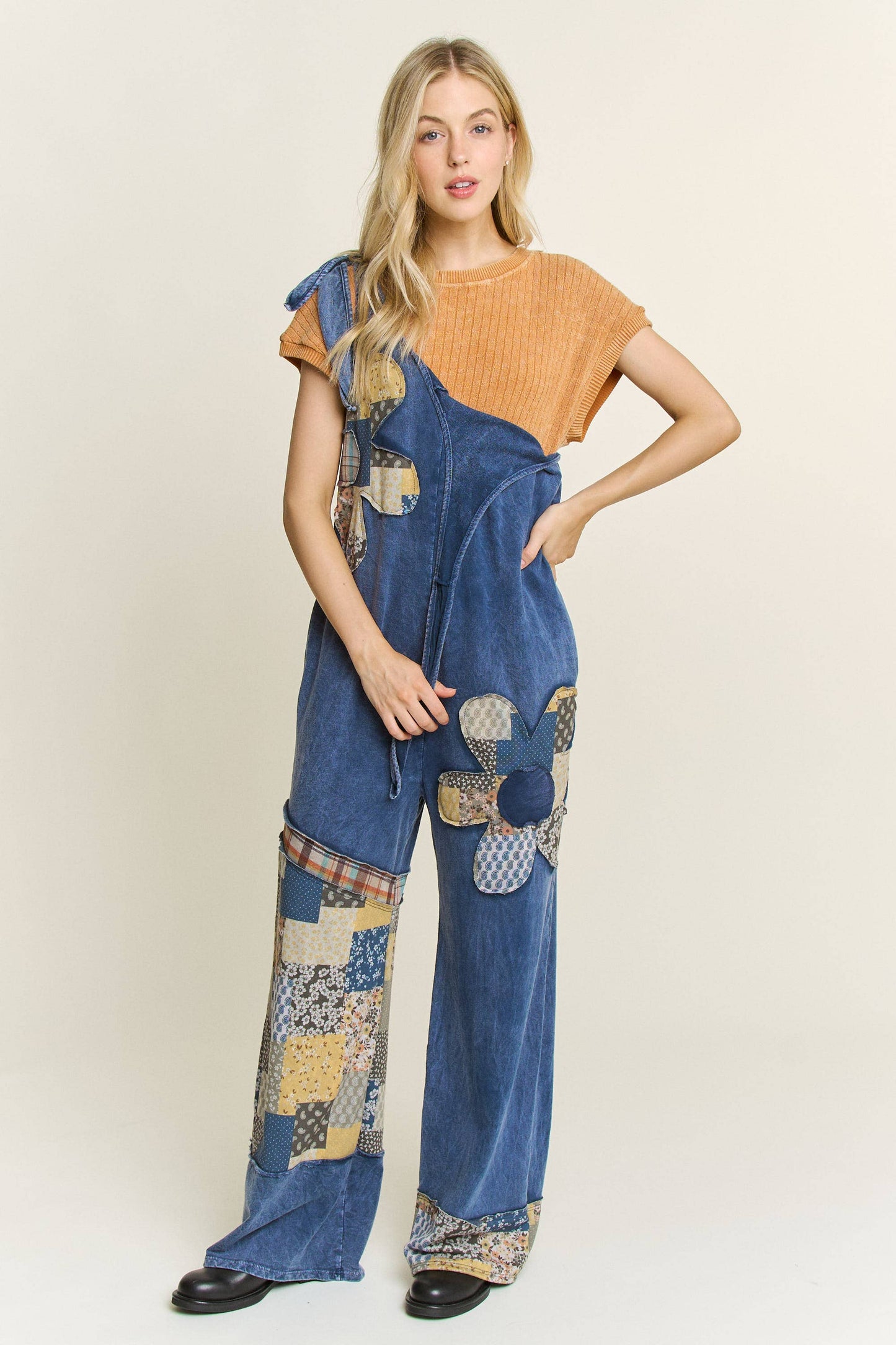 Mineral Washed Daisy Patchwork Tie Jumpsuit