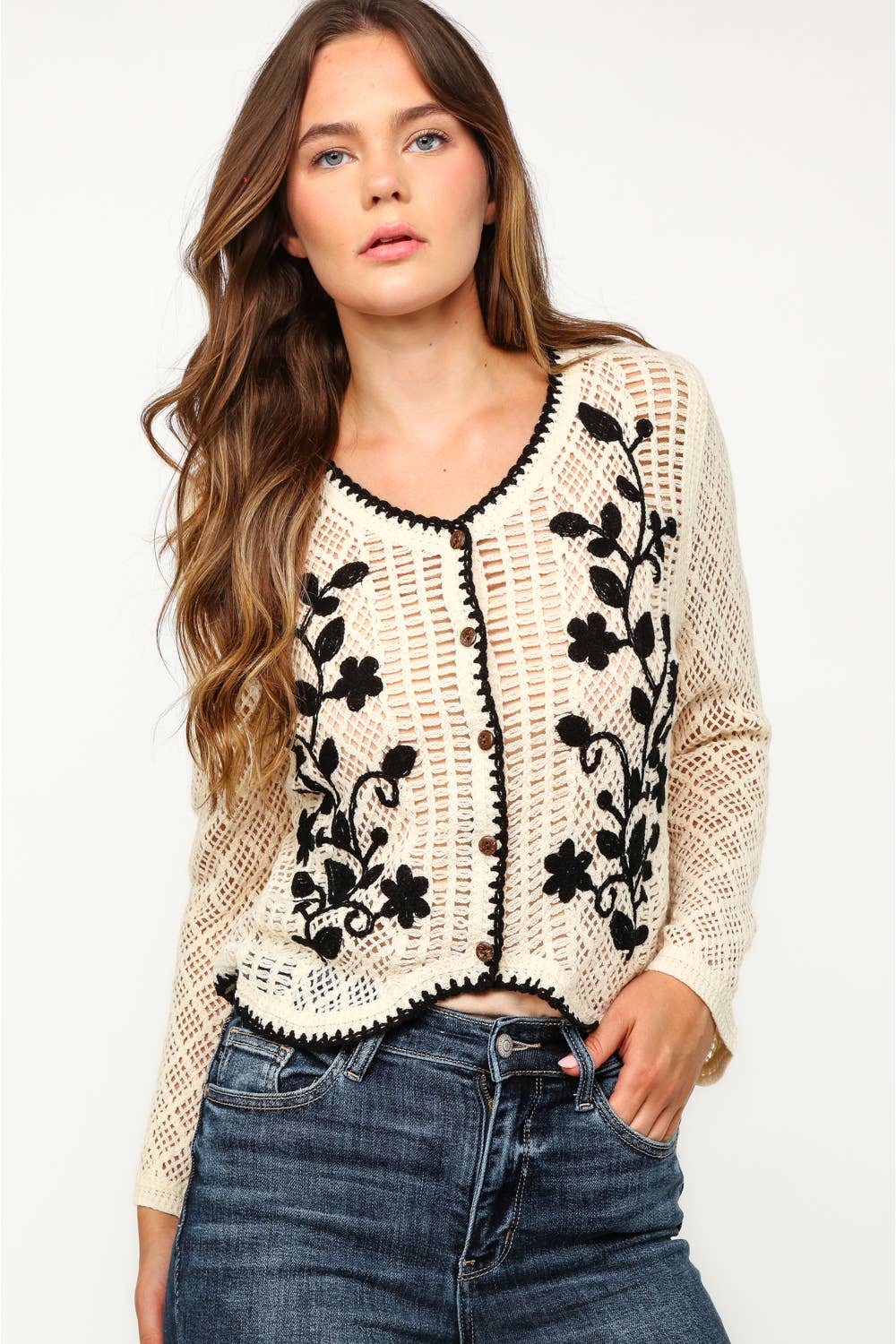 BUTTON DOWN FLORAL EMOBROIDERY CROCHET CARDIGAN