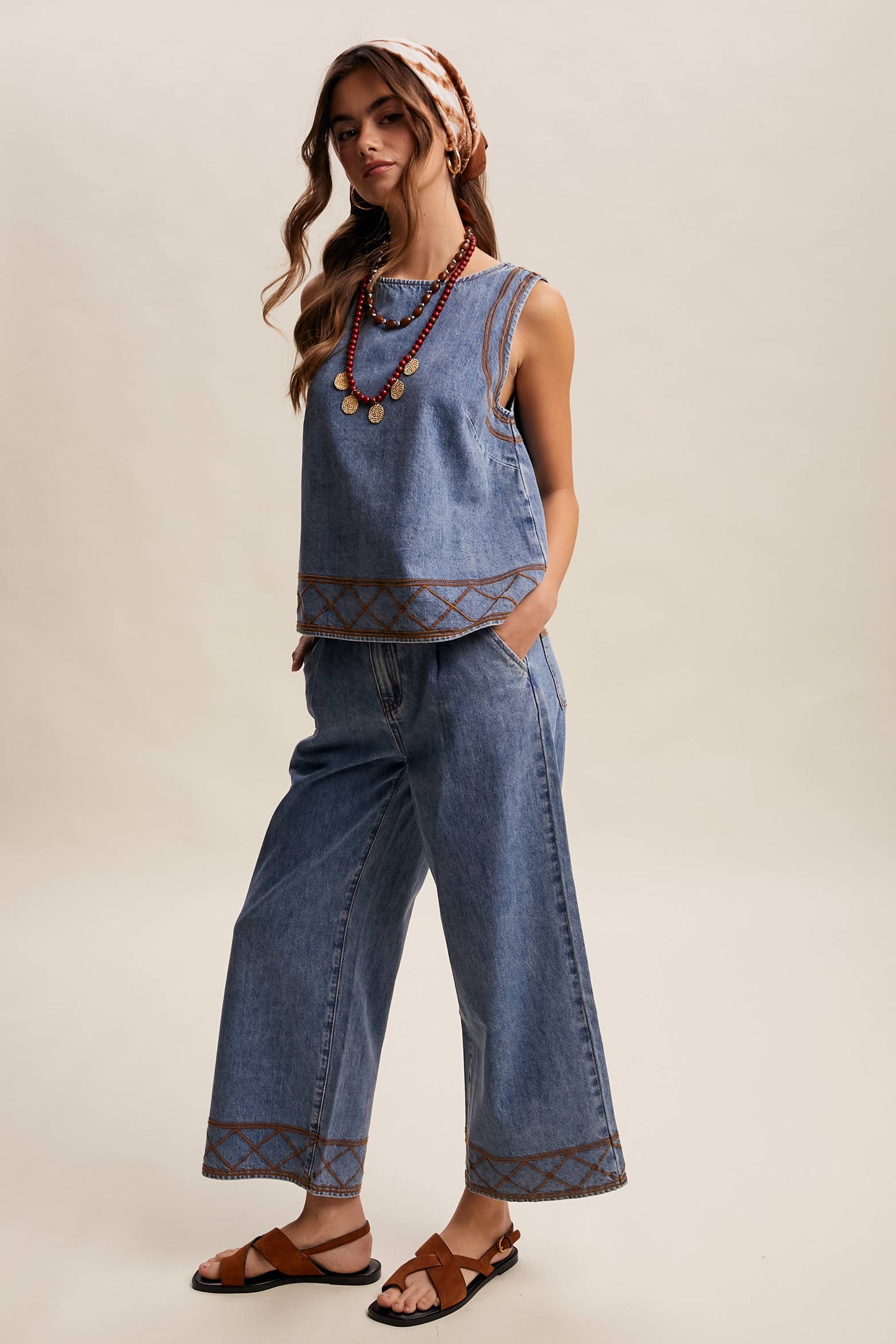 Embroidered Denim Tank & Wide-Leg Pants Set