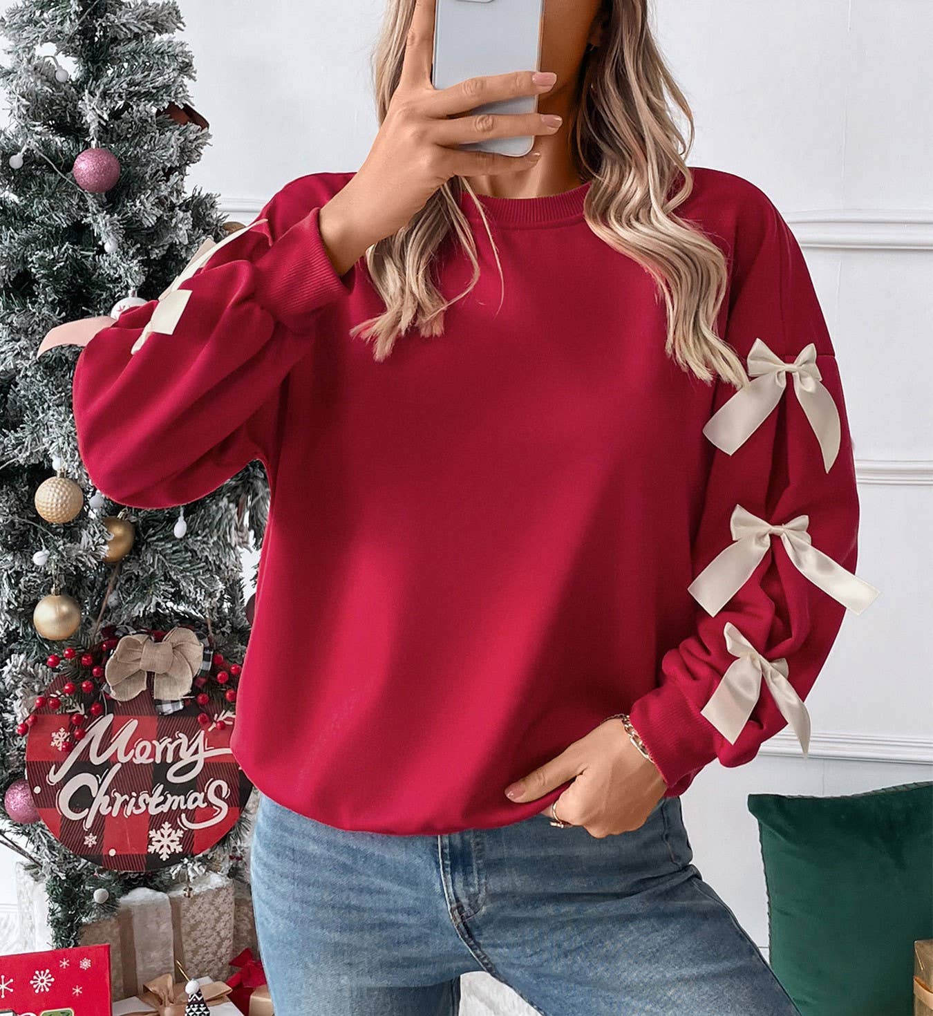 Valentine's Day Crew Neck Bow Red Sweatshirt