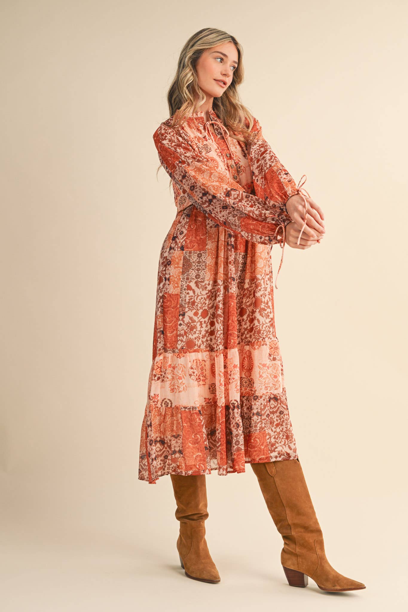 PATCHWORK PRINT MIDI DRESS