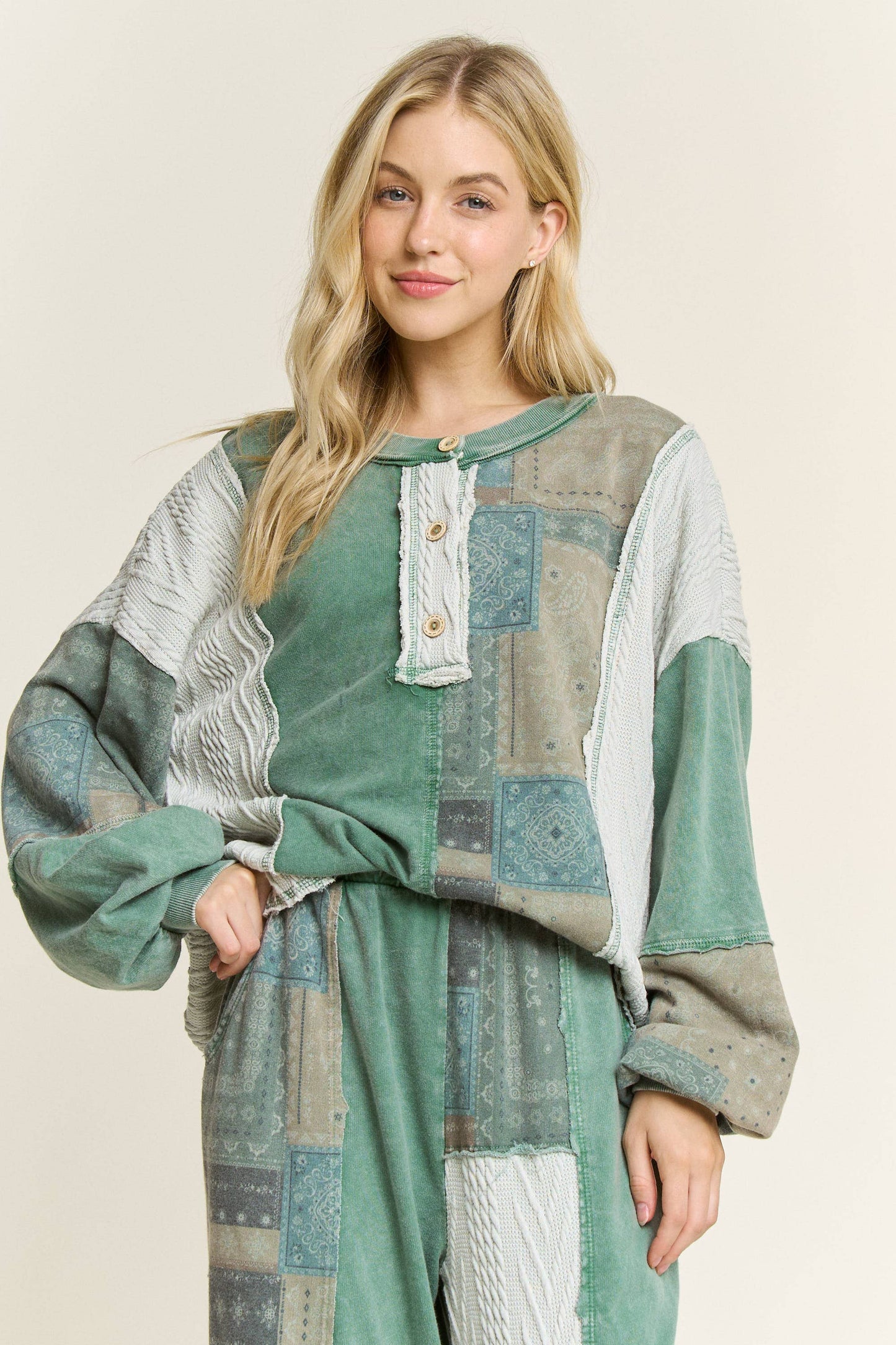 Mineral Washed Bandana Patchwork  Sweater Top