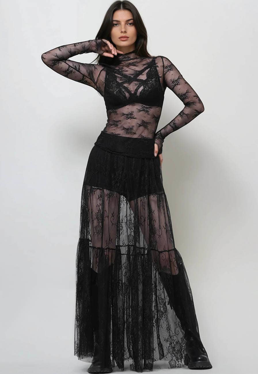 Floral Lace See Through Mesh Top Blouse