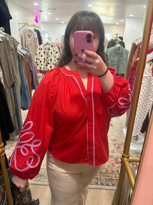Soutache Contrast Detail Puff Sleeve Blouse