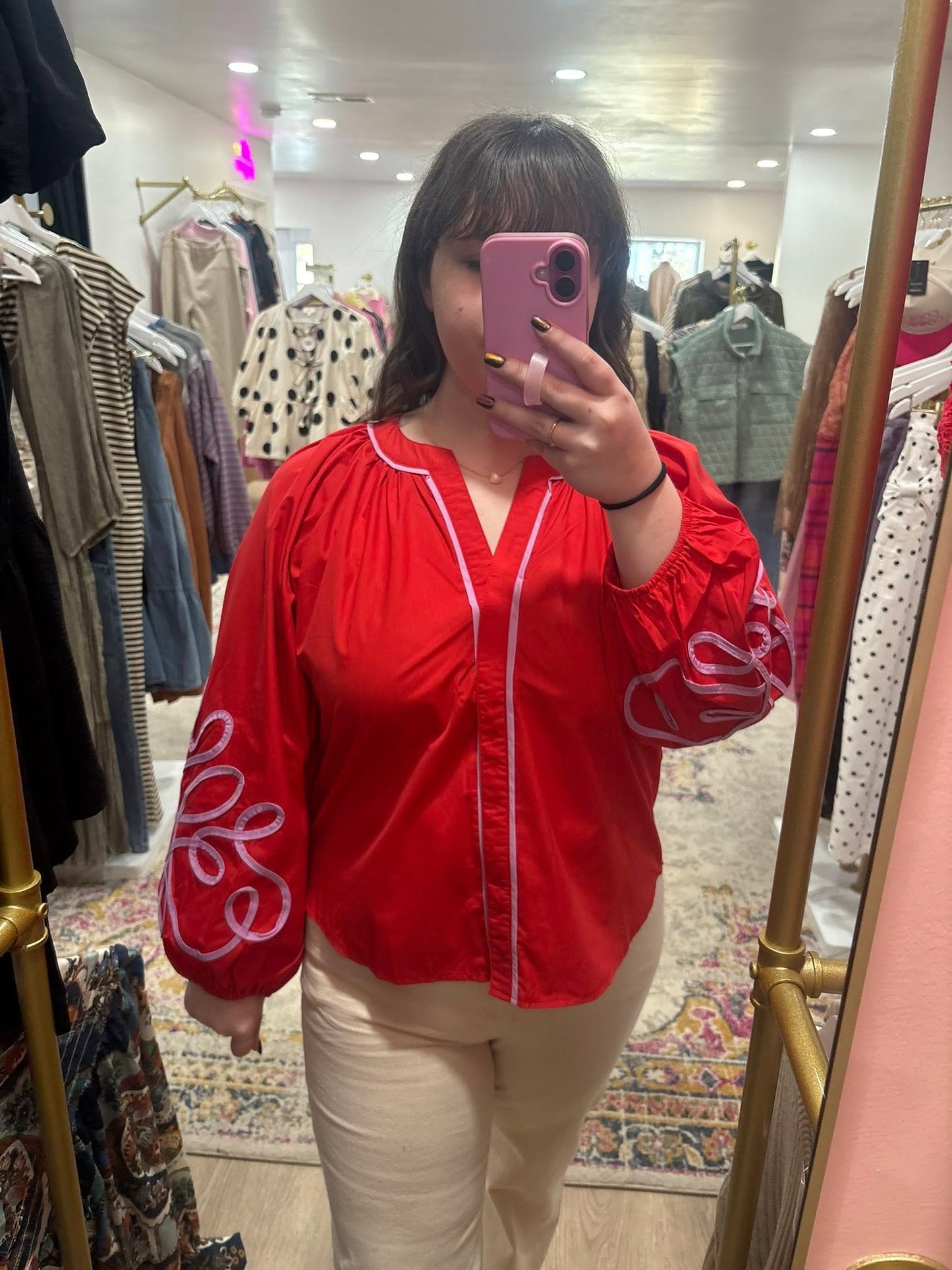 Soutache Contrast Detail Puff Sleeve Blouse