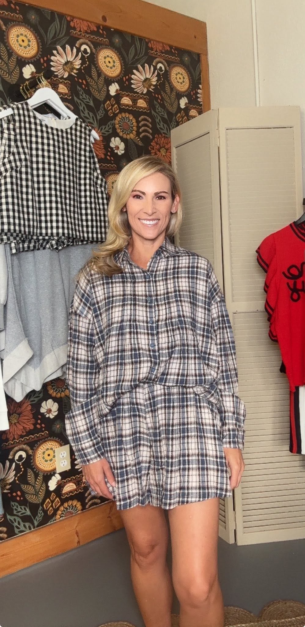 Crinkle Gauze Plaid Pintuck Shorts Set