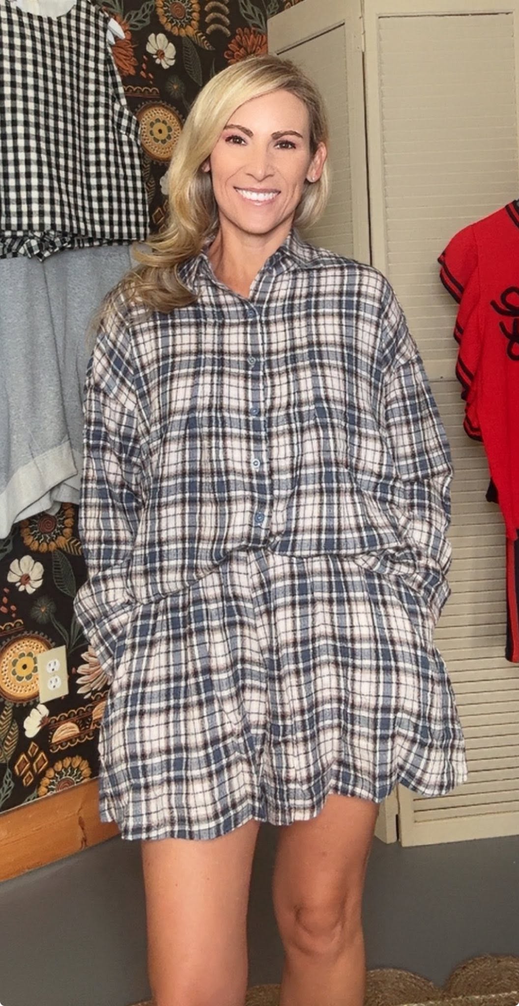 Crinkle Gauze Plaid Pintuck Shorts Set