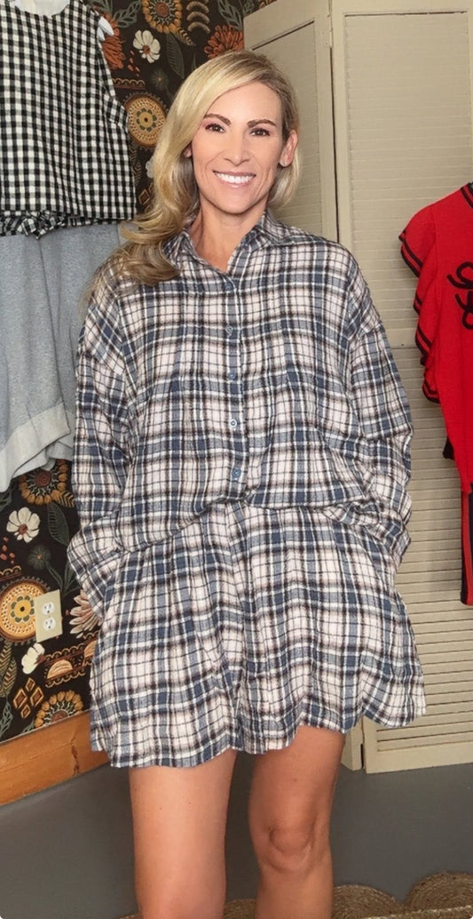 Crinkle Gauze Plaid Pintuck Shorts Set