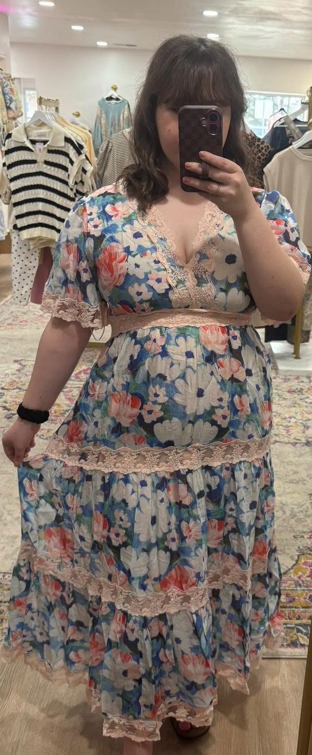 WATER PAINTING FLORAL ZIPPERED MAXI DRESS