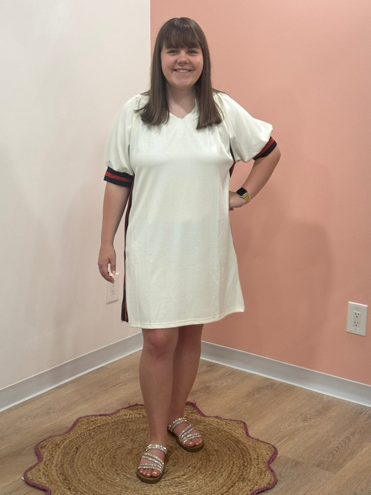 Puff-Sleeve Varsity Trim Dress